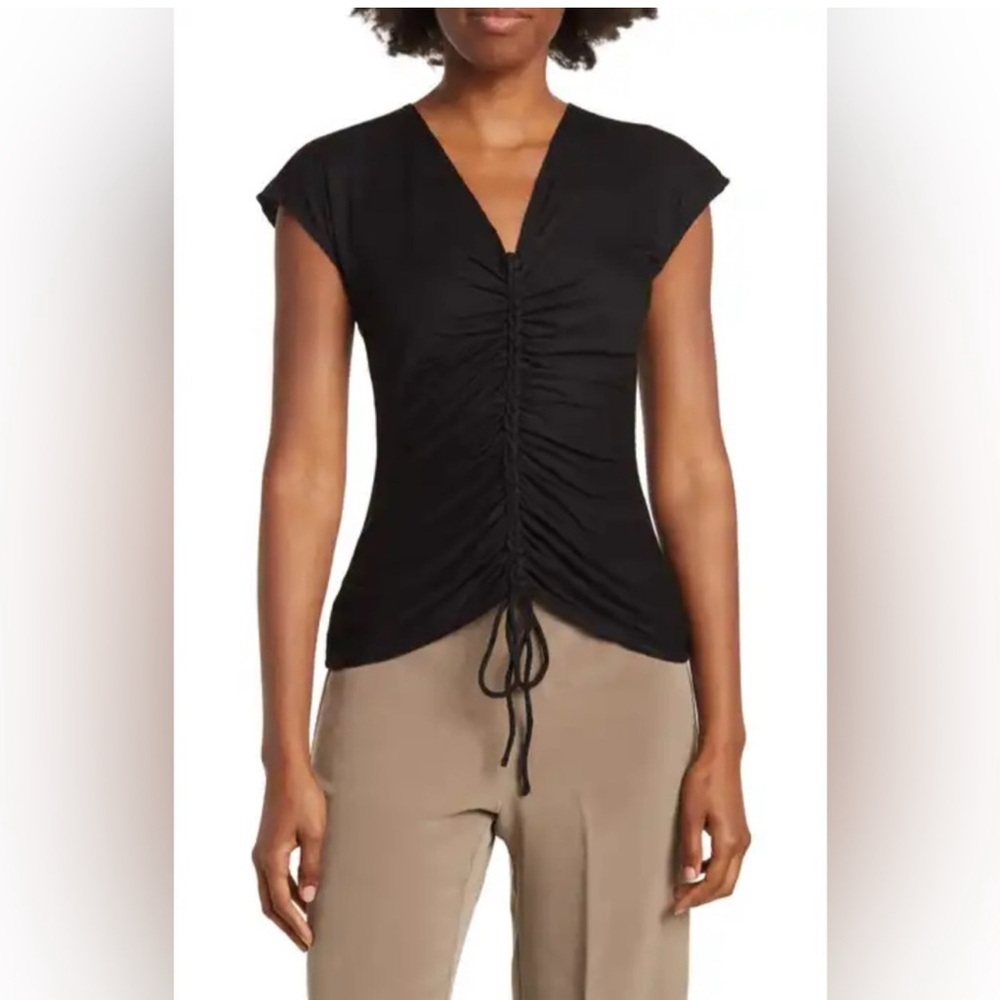Max Studio Black Gathered V-Neck Blouse